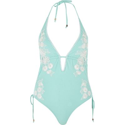 Light blue floral appliqu&#233; swimsuit
